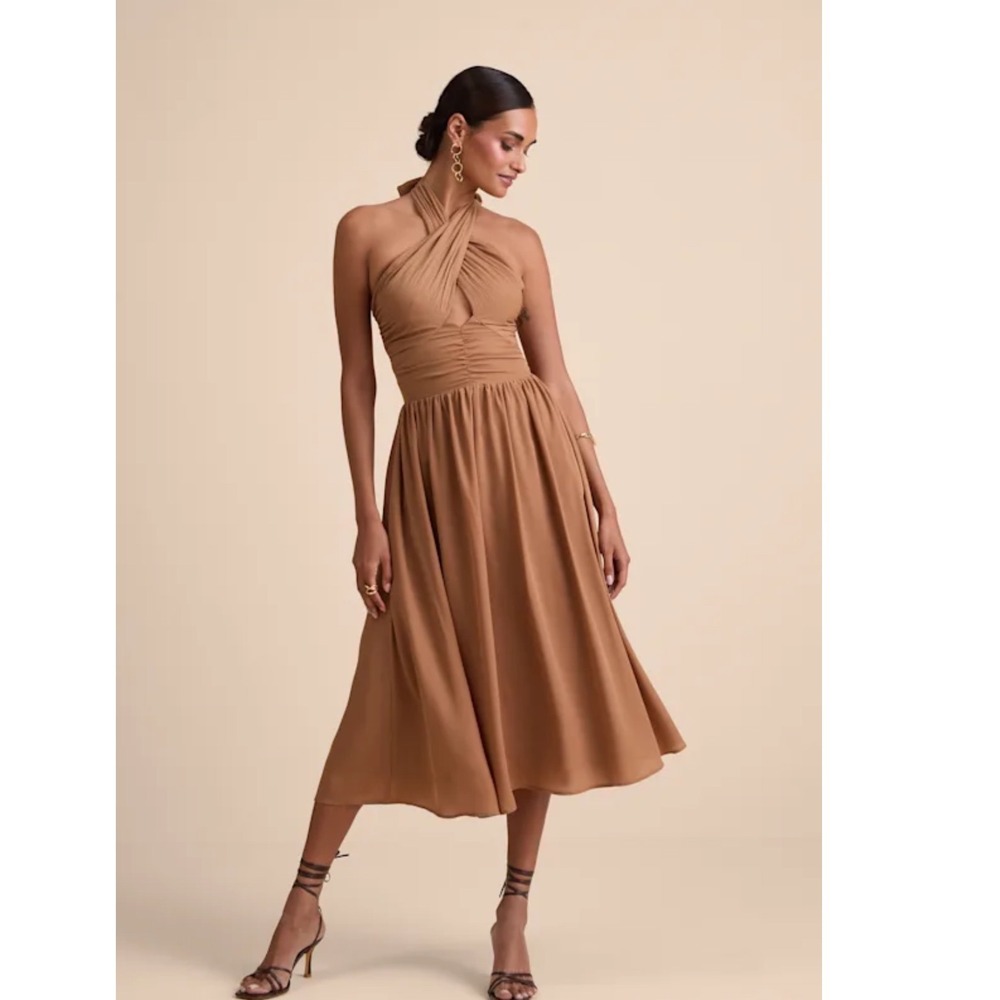 Lulus Emrah Tan Cross-Front Cutout Halter Midi Dress XS NWT